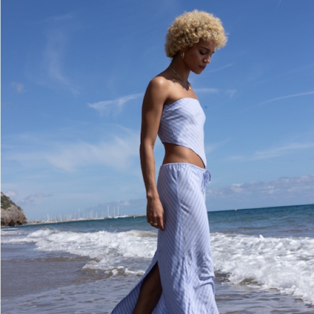 NWT ONLY Cristel Scarf Top Blue & White Striped Strapless Crop Smocked Back